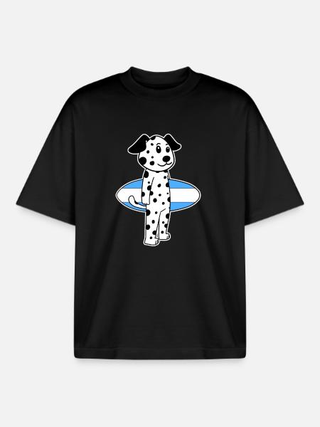 Surfboard Dog Dalmatian Surfing Gift - Boxy Heavyweight Unisex Organic T-Shirt by Stanley/Stella - black