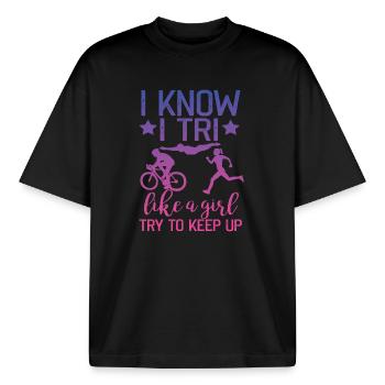 Je sais que j’aime un triathlon de fille - T-shirt unisexe boxy épais biologique Stanley/Stella - noir - Devant - AI Model Male 185 light (185cm) & AI Model Female 172 dark (172cm)