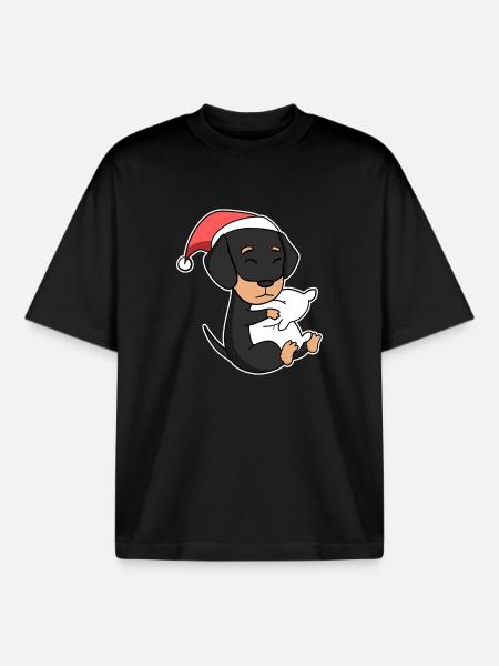 Dachshund dog Christmas sleep tired - Boxy Heavyweight Unisex Organic T-Shirt by Stanley/Stella - black