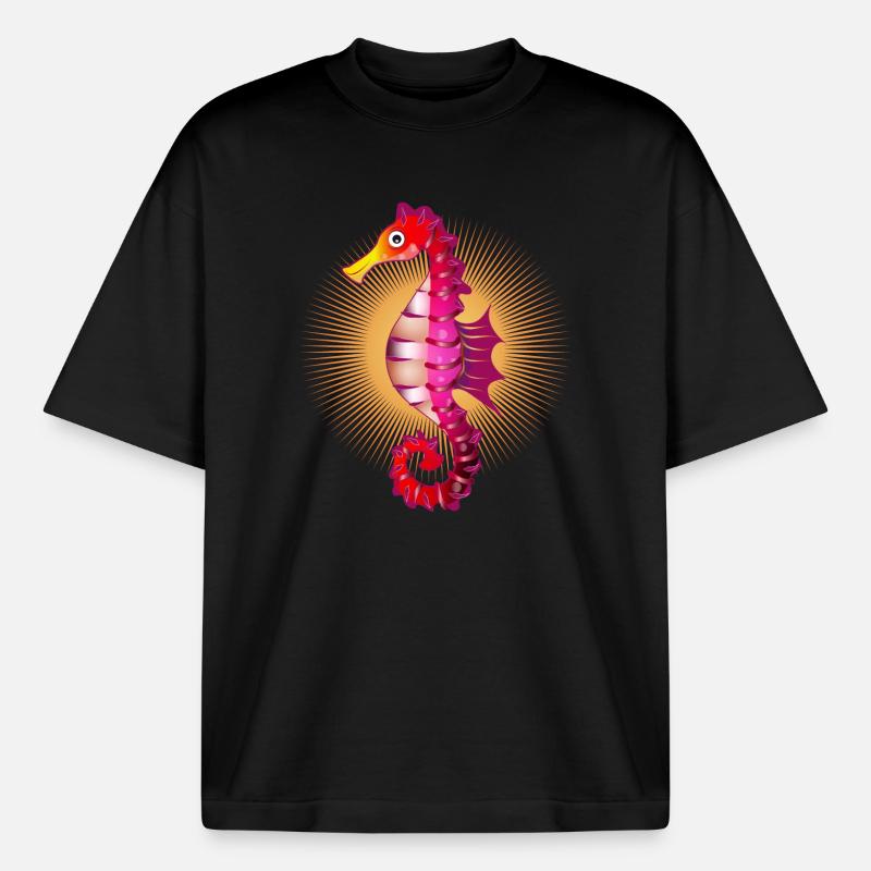 niedliches strahlendes Seepferdchen im Comic Stil - Boxy Heavyweight Unisex Organic T-Shirt von Stanley/Stella - Schwarz