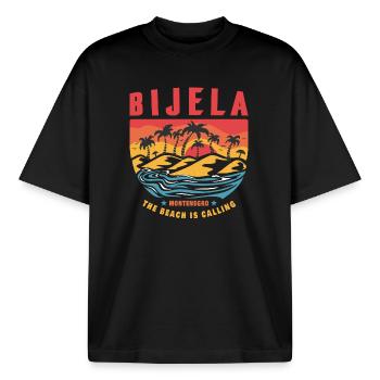 Design de plage de palmiers de Bijela Montenegro - T-shirt unisexe boxy épais biologique Stanley/Stella - noir - Devant - AI Model Male 185 light (185cm) & AI Model Female 172 dark (172cm)