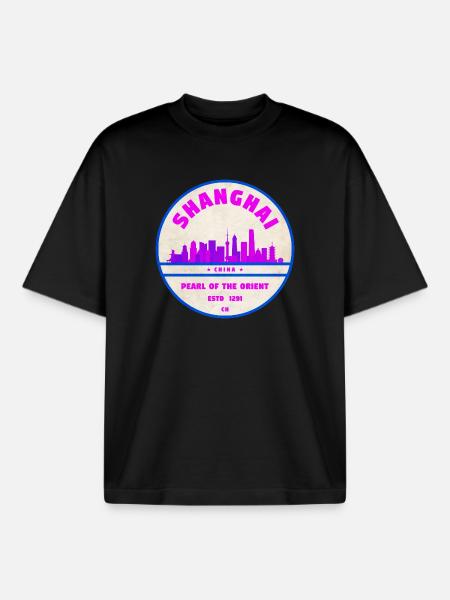 Shanghai China Skyline Badge - Boxy Heavyweight Unisex Organic T-Shirt von Stanley/Stella - Schwarz
