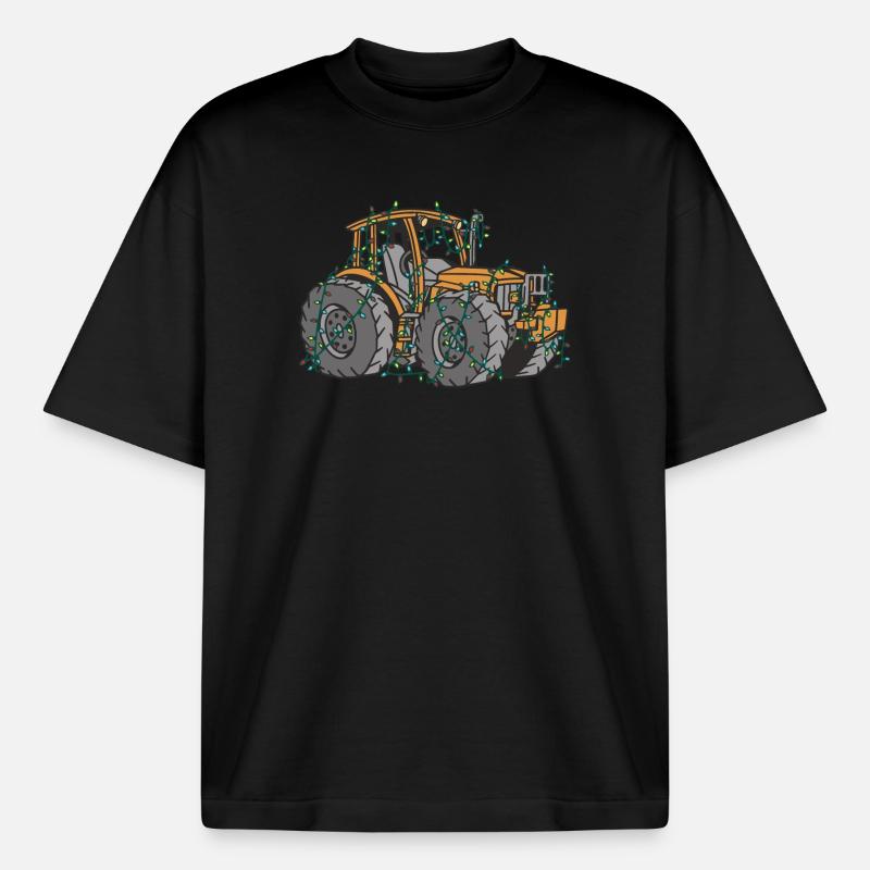 Tractor String Lights Farmer Christmas Gift - Boxy Heavyweight Unisex Organic T-Shirt by Stanley/Stella - black