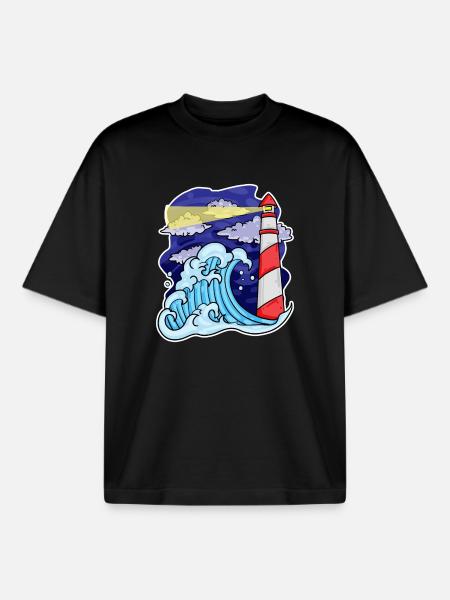 Lighthouse Coast Sea Sea - Boxy Heavyweight Unisex Organic T-Shirt by Stanley/Stella - black