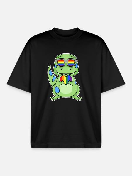 Gay Rainbow Heart Dinosaurs - Boxy Heavyweight Unisex Organic T-Shirt by Stanley/Stella - black