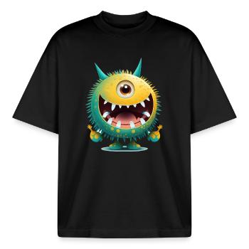 A happy monster to cuddle - Boxy Heavyweight Unisex Organic T-Shirt by Stanley/Stella - black - Front - AI Model Male 185 light (185cm) & AI Model Female 172 dark (172cm)