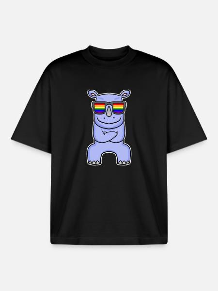 Rainbow - Rhinoceros with glasses - Boxy Heavyweight Unisex Organic T-Shirt by Stanley/Stella - black