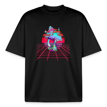 Champignons Psychédéliques - Retro Wave Sunset - T-shirt unisexe boxy épais biologique Stanley/Stella - noir - Devant - AI Model Male 185 light (185cm) & AI Model Female 172 dark (172cm)