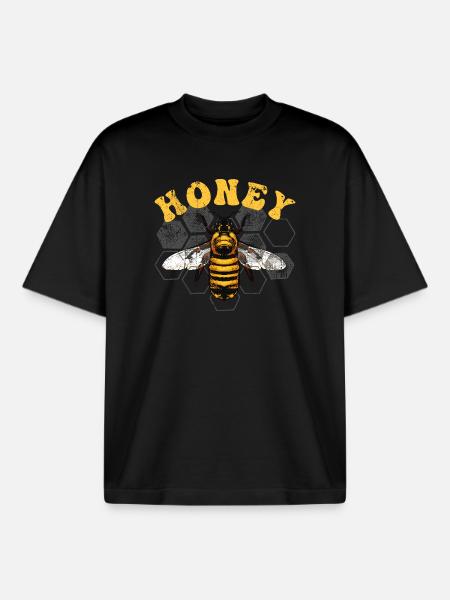 Honey Bee on Hex Grid - Boxy Heavyweight Unisex Organic T-Shirt by Stanley/Stella - black