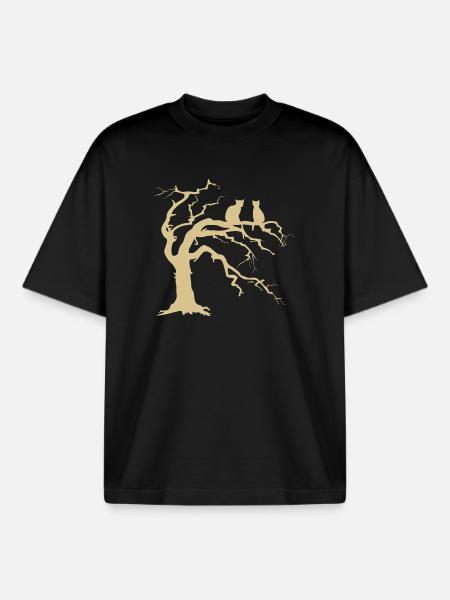 Dead tree with 2 cats silhouette - Boxy Heavyweight Unisex Organic T-Shirt by Stanley/Stella - black