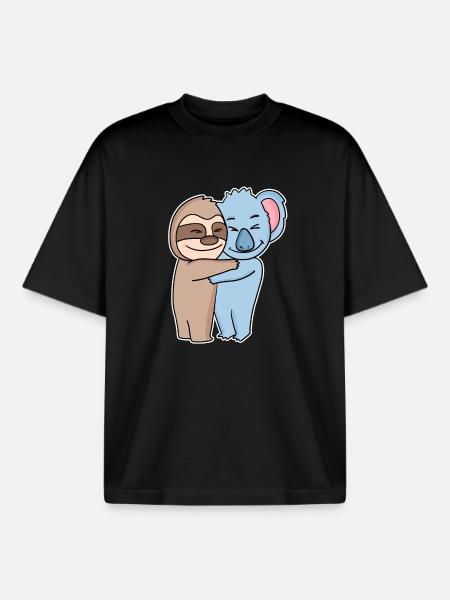 Sloth and koala hugging - hug - Boxy Heavyweight Unisex Organic T-Shirt by Stanley/Stella - black