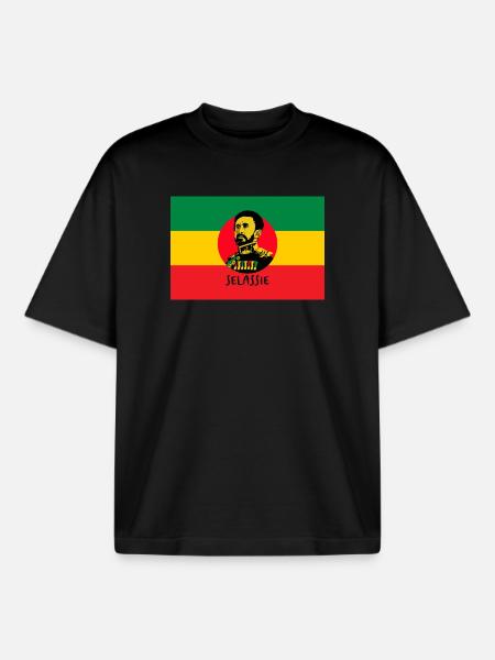 REGGAE FLAG - HAILE SELASSIE - JAH RASTAFARI - Boxy Heavyweight Unisex Organic T-Shirt by Stanley/Stella - black