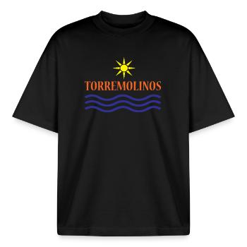 TORREMOLINOS-Eau du Soleil+Texte - T-shirt unisexe boxy épais biologique Stanley/Stella - noir - Devant - AI Model Male 185 light (185cm) & AI Model Female 172 dark (172cm)