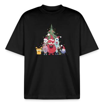 Une joyeuse famille de monstres colorés célébrant Noël - T-shirt unisexe boxy épais biologique Stanley/Stella - noir - Devant - AI Model Male 185 light (185cm) & AI Model Female 172 dark (172cm)