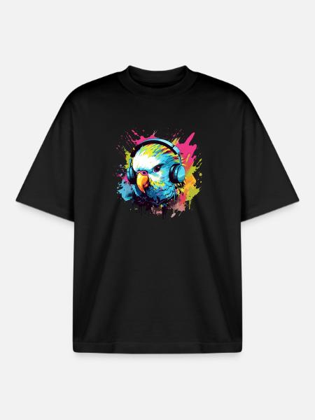 Perruche avec écouteurs Perruches Bird - T-shirt unisexe boxy épais biologique Stanley/Stella - noir