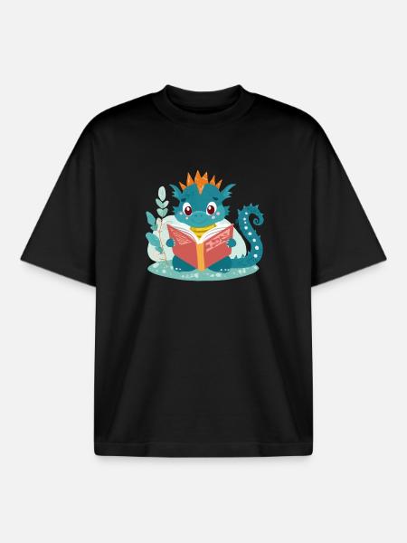 Little dragon with book - Boxy Heavyweight Unisex Organic T-Shirt by Stanley/Stella - black