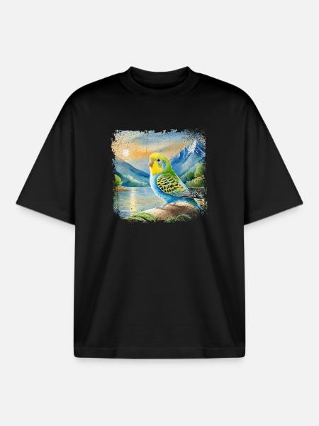 junger Wellensittich im Kinderbuchstil, Aquarell - Boxy Heavyweight Unisex Organic T-Shirt von Stanley/Stella - Schwarz