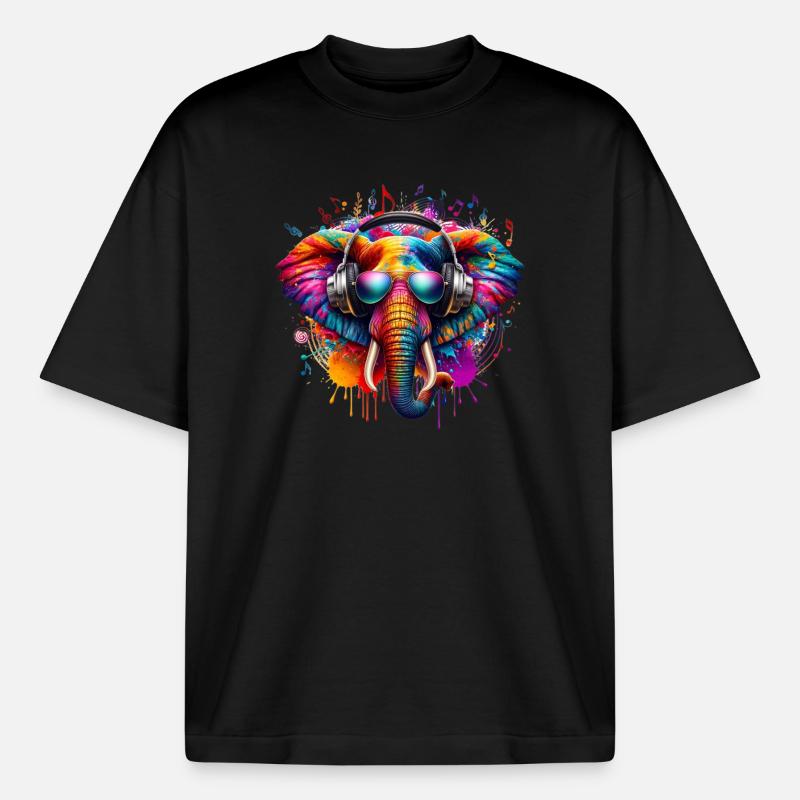 Bunter Elefant mit Kopfhörern - Boxy Heavyweight Unisex Organic T-Shirt von Stanley/Stella - Schwarz