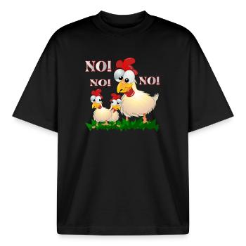 FUNNY CHICKEN COMIC - NO - Boxy Heavyweight Unisex Organic T-Shirt by Stanley/Stella - black - Front - AI Model Male 185 light (185cm) & AI Model Female 172 dark (172cm)