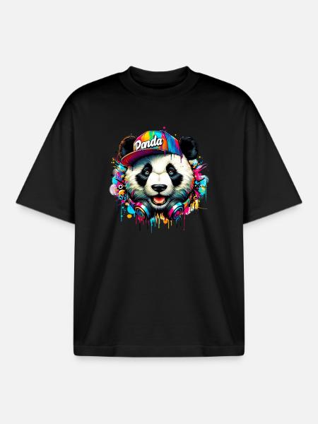 Panda DJ Deejay med hovedtelefoner lytter til musik - Stanley/Stella unisex boxy heavyweight T-shirt økologisk - sort