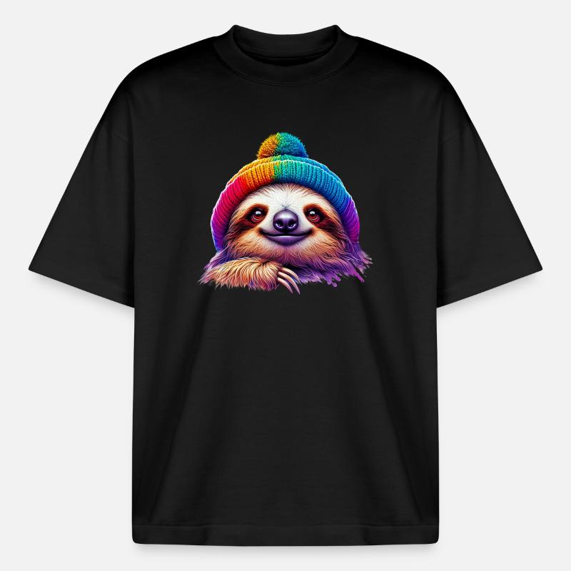 Sloth with wool cap hat - Boxy Heavyweight Unisex Organic T-Shirt by Stanley/Stella - black
