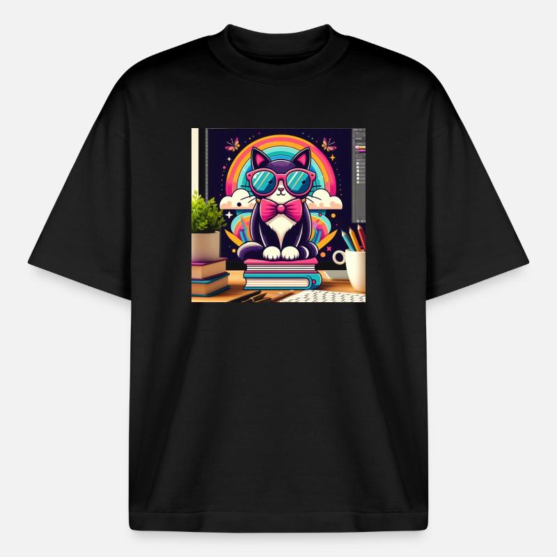 Studious cat with glasses - Heavyweight Boxy Unisex T-Shirt by Stanley/Stella - black