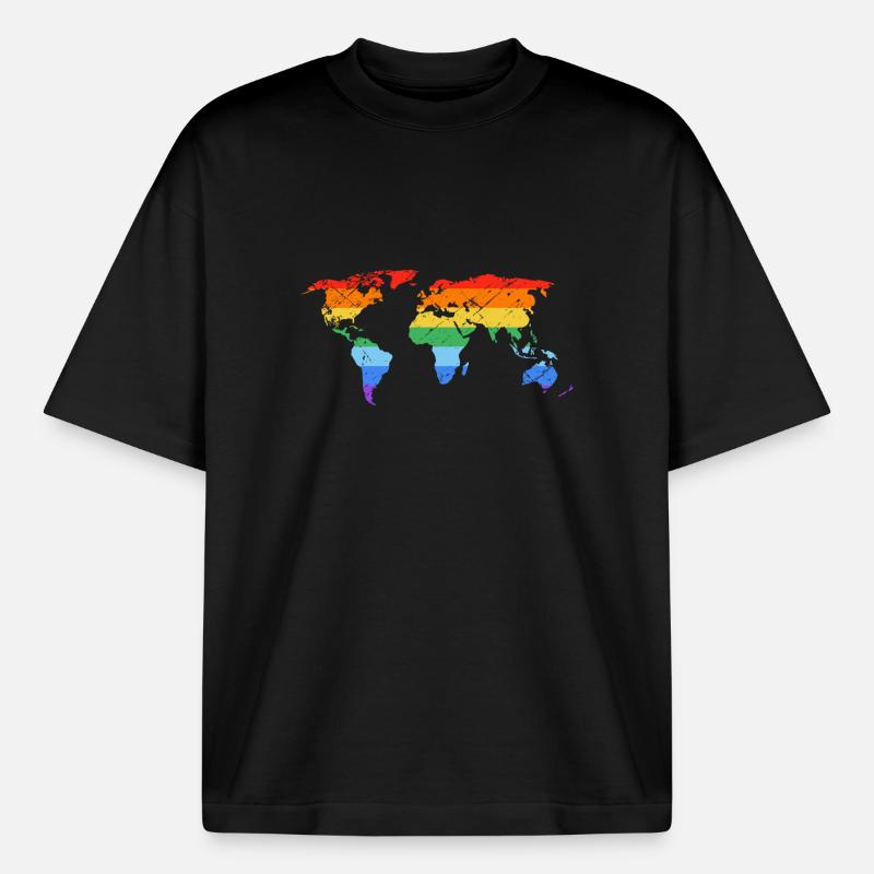 Rainbow World Map Pride - Boxy Heavyweight Unisex Organic T-Shirt by Stanley/Stella - black