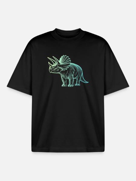Triceratops Dinosaur Drawing Gradient Blue Green - Boxy Heavyweight Unisex Organic T-Shirt by Stanley/Stella - black