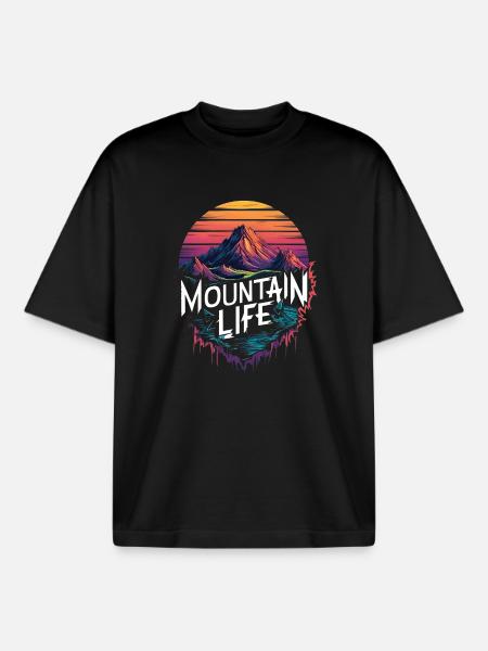 Mountain Life Retro Sunset Design - Boxy Heavyweight Unisex Organic T-Shirt by Stanley/Stella - black