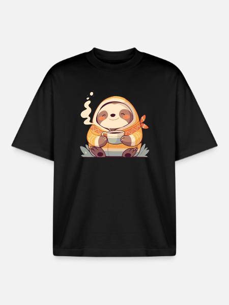 Faultier-Illustration mit seiner Tasse Kaffee - Boxy Heavyweight Unisex Organic T-Shirt von Stanley/Stella - Schwarz