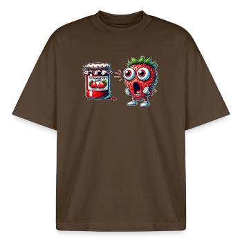 Lustiges Erdbeere Marmeladen Design - Boxy Heavyweight Unisex Organic T-Shirt von Stanley/Stella - Dunkelbraun - Vorne - AI Model Male 185 light (185cm) & AI Model Female 172 dark (172cm)