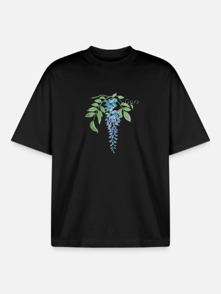 Wild Blue Wisteria Illustration - Boxy Heavyweight Unisex Organic T-Shirt by Stanley/Stella - black