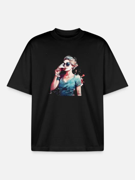 Woman drinking red wine - Boxy Heavyweight Unisex Organic T-Shirt by Stanley/Stella - black