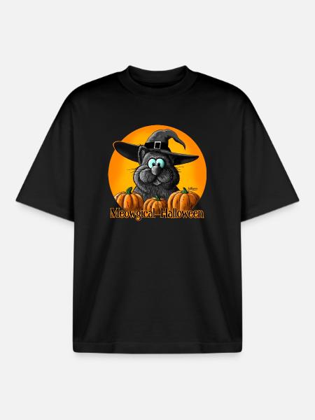 Halloween cat with witch hat - Boxy Heavyweight Unisex Organic T-Shirt by Stanley/Stella - black