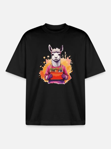 Lama im Garten mit Blumenkorb - Boxy Heavyweight Unisex Organic T-Shirt von Stanley/Stella - Schwarz