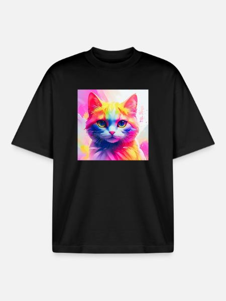 Vibrant Rainbow Cat Artwork - Boxy Heavyweight Unisex Organic T-Shirt by Stanley/Stella - black