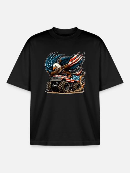 Patriotic Eagle on Monster Truck - Boxy Heavyweight Unisex Organic T-Shirt by Stanley/Stella - black