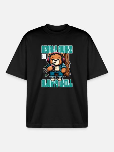 Bearly Awake - Funny Bear Design - Boxy Heavyweight Unisex Organic T-Shirt by Stanley/Stella - black
