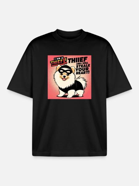 Comicstyle Pomeranian Dog "I am a thief" - Boxy Heavyweight Unisex Organic T-Shirt by Stanley/Stella - black