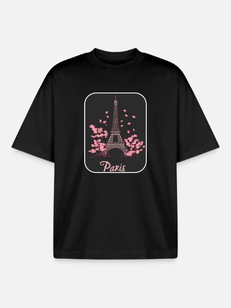 Fleur rose Eiffel à Paris - T-shirt unisexe boxy épais biologique Stanley/Stella - noir