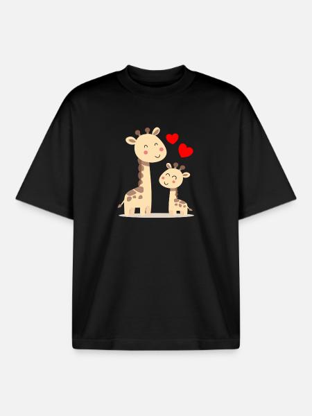 Bébé Girafe avec Maman Girafe - T-shirt unisexe boxy épais biologique Stanley/Stella - noir