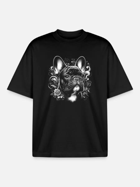 Cute French Bulldog with Flowers - Boxy Heavyweight Unisex Organic T-Shirt by Stanley/Stella - black