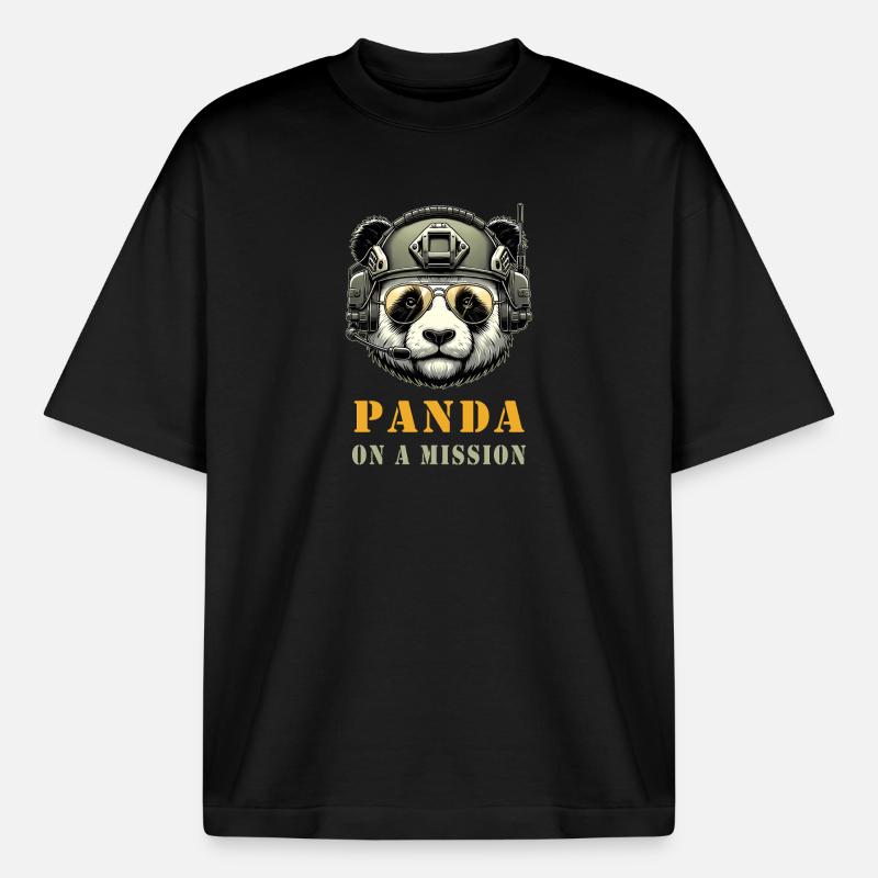 Panda en mission / Militaire - T-shirt unisexe boxy épais biologique Stanley/Stella - noir