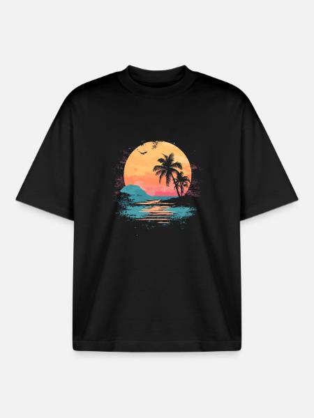 Palm Tree Sunset Summer Sun - Boxy Heavyweight Unisex Organic T-Shirt by Stanley/Stella - black