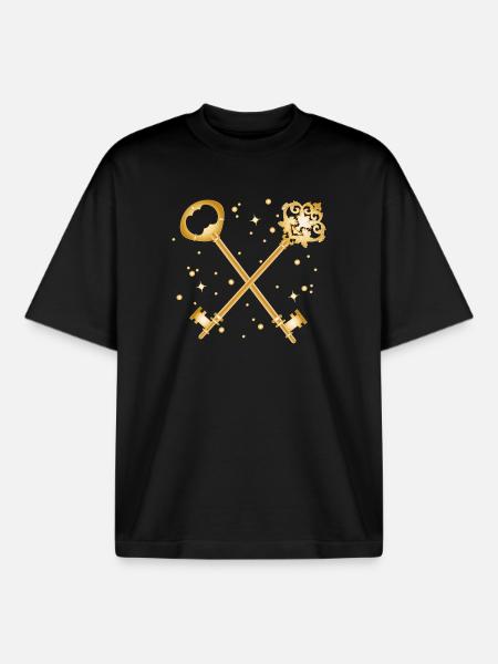 Crossed Golden Antique Key Design - Boxy Heavyweight Unisex Organic T-Shirt by Stanley/Stella - black