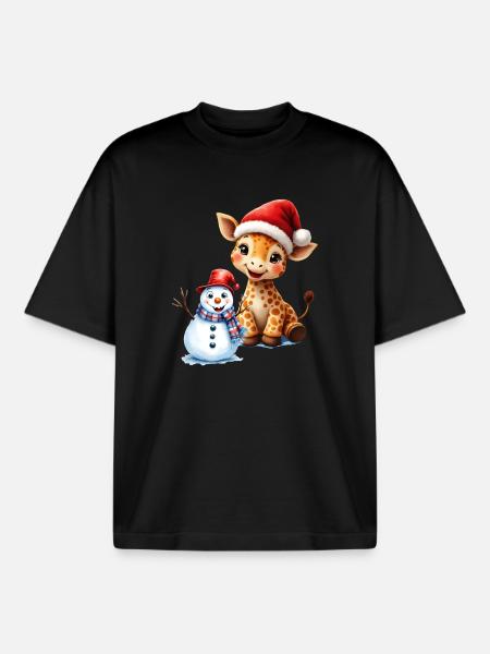 Christmas Giraffe with Hat and Snowman - Boxy Heavyweight Unisex Organic T-Shirt by Stanley/Stella - black