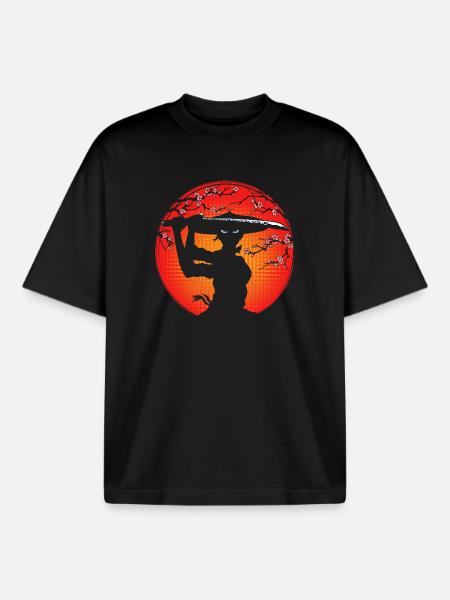 Dziewczyna samuraj i kwiaty wiśni - T-shirt unisex boxy ciężki organiczny Stanley/Stella - czarny