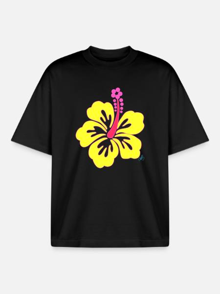 Yellow tropical Hibiscus flower - Boxy Heavyweight Unisex Organic T-Shirt by Stanley/Stella - black