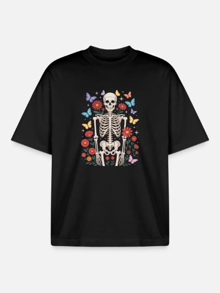 Squelette Papillon Fleuriste Floral Halloween - T-shirt unisexe boxy épais biologique Stanley/Stella - noir
