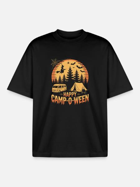 Happy Camp-o-Ween Camper Hiker Halloween Camping - Boxy Heavyweight Unisex Organic T-Shirt by Stanley/Stella - black